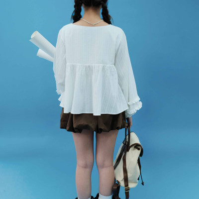 DOTTIE - Áo tay phồng phối bèo - Trắng kem - T1124