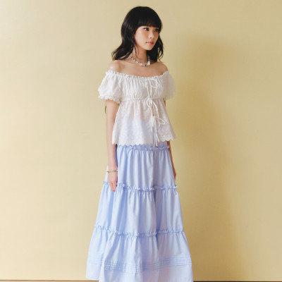 DOTTIE - Chân váy Midi nhún tầng - Xanh biển - S0285