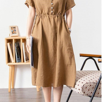 Đầm nữ cổ V phong cách Hàn Quốc thanh lịch, chất linen mát, dầm có túi siêu xinh NH173 nâu