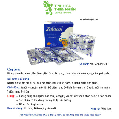 Viên ngậm ho thảo mộc Zalocol  Hỗ trợ giảm đờm, đau rát họng, khản tiếng (Hộp 20 viên) - Genat - Giao 2H HCM