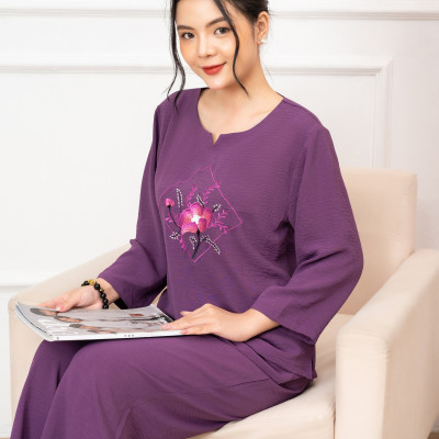 [BST Mới] Bộ mặc nhà trung niên cho mẹ, cho bà Vicci DTL01 thiết kế tay lỡ quần dài, chất liệu vải đũi chun mềm mịn phối họa tiết thêu hoa