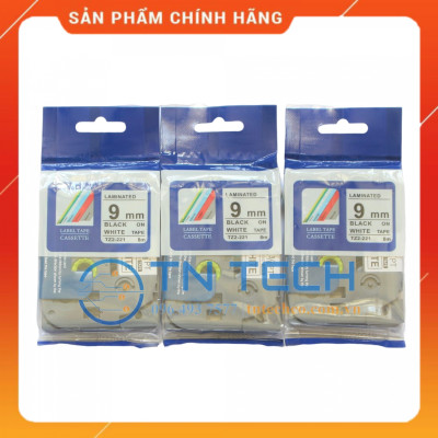 Nhãn In Tz2-221 - Đen nền trắng 9mm x 8m - Dùng cho máy in BROTHER - AIMO - PUTY [Hàng nhập khẩu]