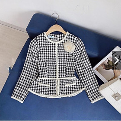 Áo dạ tweed trắng đen peplum công sở hàn quốc sang chảnh tay dài zíc zắc cao cấp