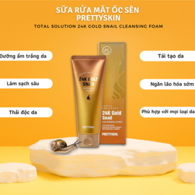 Sữa rửa mặt Ốc Sên dưỡng ẩm trắng da, ngăn ngừa lão hóa Prettyskin Total Solution 24K Gold Snail Cleansing Foam 150ml tặng móc khóa