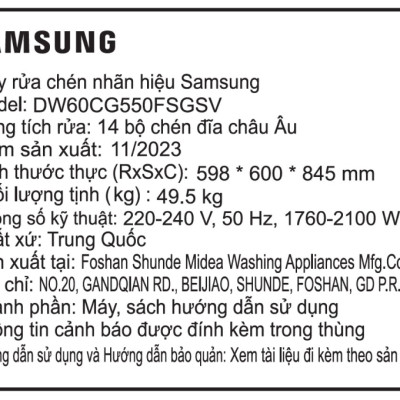 Máy rửa chén độc lập Samsung DW60CG550FSGSV -Hàng chính hãng