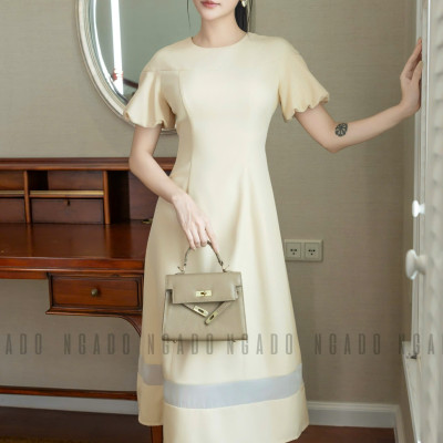 Đầm kem dài cổ tròn NGADO , đầm dài , đầm cổ tròn