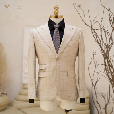 [CLASSY 2] Nguyên bộ suits 2 mảnh VÀNG BE KẺ Ô ĐẬM 2 KHUY 3 TÚI, chất vải Wool - Nobility cao cấp