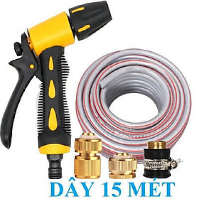 Bộ dây vòi xịt nước rửa xe, tưới cây . tăng áp 3 lần, loại 15m 206236 đầu đồng, cút đồng+ tặng mở chai