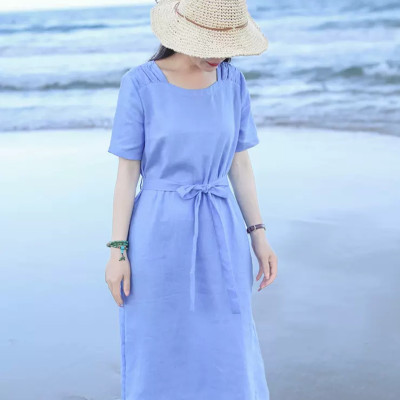 Đầm suông nữ - váy suông trơn cổ tròn dáng rộng ngắn tay, kèm đai eo rời, chất linen mát Haint Boutique Da209