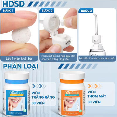 Đầu tăm nước cho máy h2ofloss với 30 viên trắng răng cho hơi thở thơm mát và răng trắng sáng tự nhiên