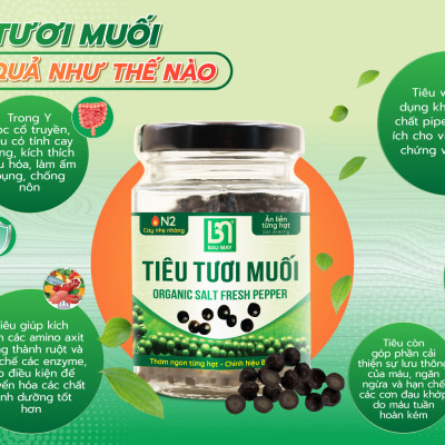 Tiêu tươi muối Organic Bầu Mây 35g - Cay cấp độ 2 với độ cay nhẹ nhàng, tươi giòn, cay mềm, tự nhiên, giúp kích thích vị giác, giúp ăn ngon miệng hơn, cải thiện chức năng của hệ tiêu hoá