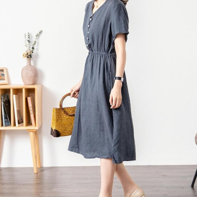 Đầm linen dáng suông cổ V , Đầm sơ mi ngắn tay nhún eo, mặc đi chơi, đi làm Haint Boutique Da173