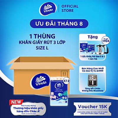 [MUA 1 THÙNG KHĂN RÚT SIZE L TẶNG 1 LỐC L + 1 LỐC S + ẤM TRÀ] Khăn giấy rút cao cấp Vinda Deluxe 3 lớp 110 tờ size L (4 Gói)