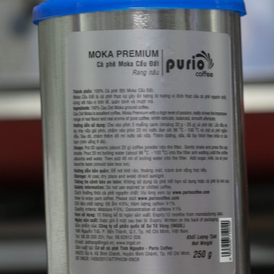 PURIO Ground Coffee - cà phê bột, Moka Premium, 100% hạt Moka, Đắng dịu - Đạt tiêu chuẩn HACCP - Lon 250gr