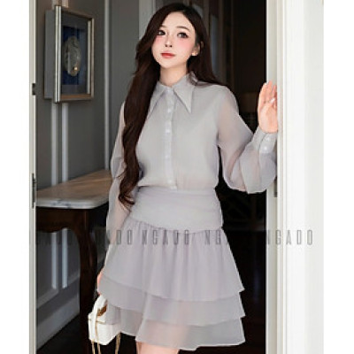 Đầm xám phối voan NGADO , đầm sơ mi , đầm dài tay