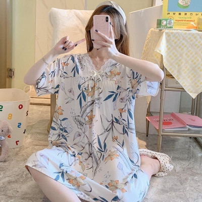 Váy/đầm nữ cộc tay cổ V phối ren vải lanh thoáng mát, dáng suông dài nhiều họa tiết freesize 45 - 65 kg