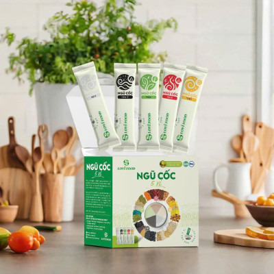 Ngũ Cốc 5 Vị LoviFood Hộp 480g (25 gói x 18g) - Thực Phẩm Bổ Sung Dinh Dưỡng Cho Mẹ Bầu, Sau Sinh, Người Già, Người Tiểu Đường, Ăn Chay, Ăn Kiêng, Eat Clean, Healthy, Tốt Cho Tim Mạch, Giúp Ngủ Ngon Hơn