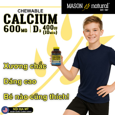 Calcium 600MG + D3 Mason Natural Hộp 100 viên tăng chiều cao xương răng chắc khỏe ngừa loãng xương
