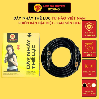 Dây Nhảy Thể Lực Tự Hào Việt Nam - Lừu Thị Duyên Boxing - Bản Đặc Biệt - Cán Sơn Đen - Nặng 450g, Dài 3m