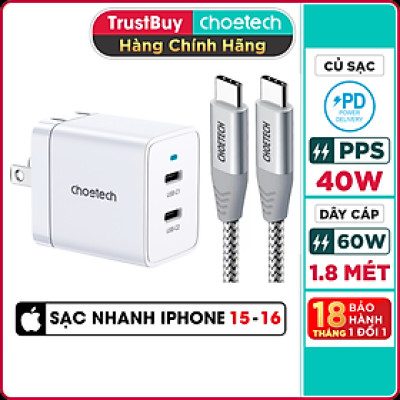 Bộ Củ Sạc Nhanh Type C 40W, Sạc 2 Cổng 20W Cho iPhone 15, iP16, Cho SamSung PPS 25W CHOETECH Q5006 Và Cáp CC0005-S - Hàng Chính Hãng