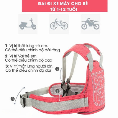 Đai đi xe máy cho bé phản quang, thoáng khí sử dụng khóa 2 cấp bền chắc, chống bụi bẩn