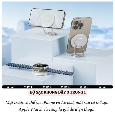 Dock Đế sạc nhanh không dây sạc pin đa năng 3in1 15W từ tính Ring giá đỡ móc tay cho iPhone / điện thoại / watch / cho tai nghe cho airpods hiệu WIWU Wi-W027 chuẩn Qi fast charging iP 16 15 14 13 12 Pro Max - hàng nhập khẩu