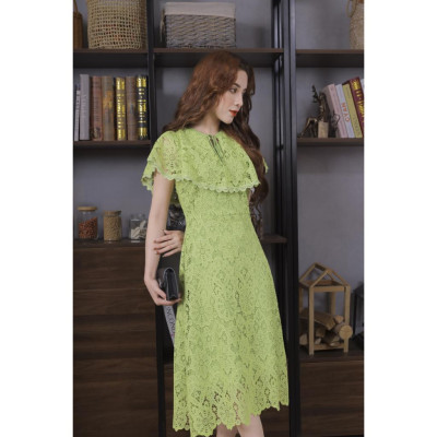 Váy Ren Bèo Cổ Màu Xanh Cốm 23V004 Cao Cấp Pi Style