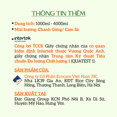 Nước Lau Sàn Hữu Cơ Bồ Hòn ECOCARE 1L-4L Hương Cam Sả/Chanh Gừng Đuổi Muỗi Đuổi Côn Trùng, Khử Mùi Hiệu Quả