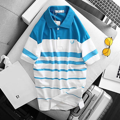 ÁO THUN NAM TAY NGẮN CÓ CỔ PHỐI SỌC ĐỘC ĐÁO LOGO THÊU LỊCH LÃM - LZPS144