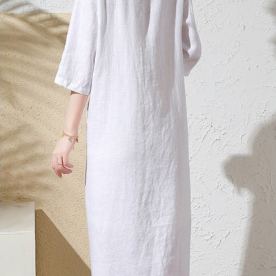 Đầm suông trắng linen phối cúc, thiết kế cổ V thanh lịch, đầm có túi tiện lợi NH190