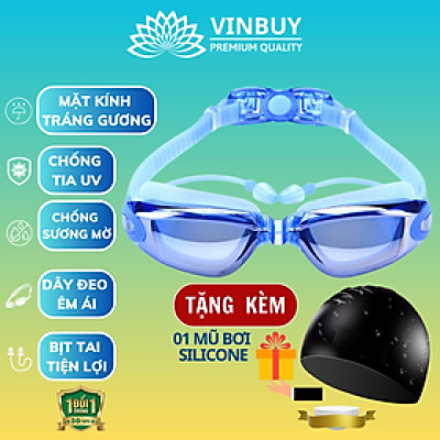 Kính Bơi Tráng Gương kèm bịt tai cao cấp VinBuy chống sương mù, chống tia UV Hàng chính hãng - Tặng kèm nón bơi Silicon (Màu ngẫu nhiên)