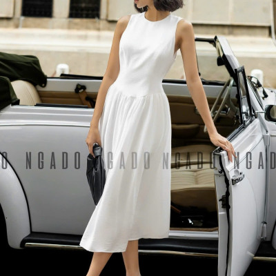 Đầm trắng xoè cổ tròn sát nách NGADO , đầm nữ , Đầm xòe nữ sát nách