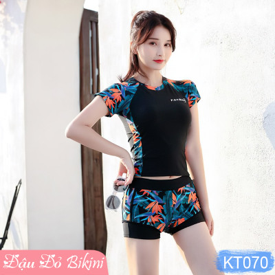 Bộ bơi nữ 2 mảnh thông dụng, áo cộc tay cùng quần bơi short 2 lớp trẻ trung, chất thun bơi lạnh co giãn cao, có sẵn đệm rời | KT070