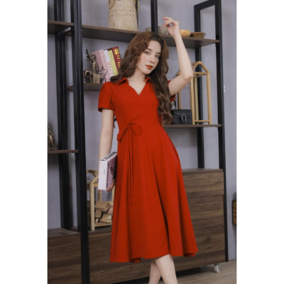 Váy Trơn Màu Đỏ Nơ Eo Cao Cấp 23V046 Pi Style