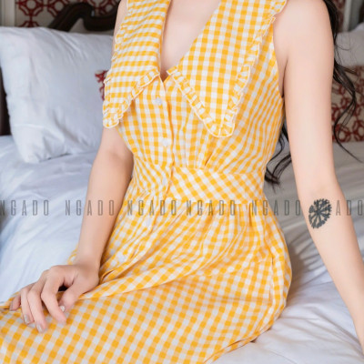 Đầm caro vàng sát nách NGADO , đầm kẻ caro , đầm sơ mi